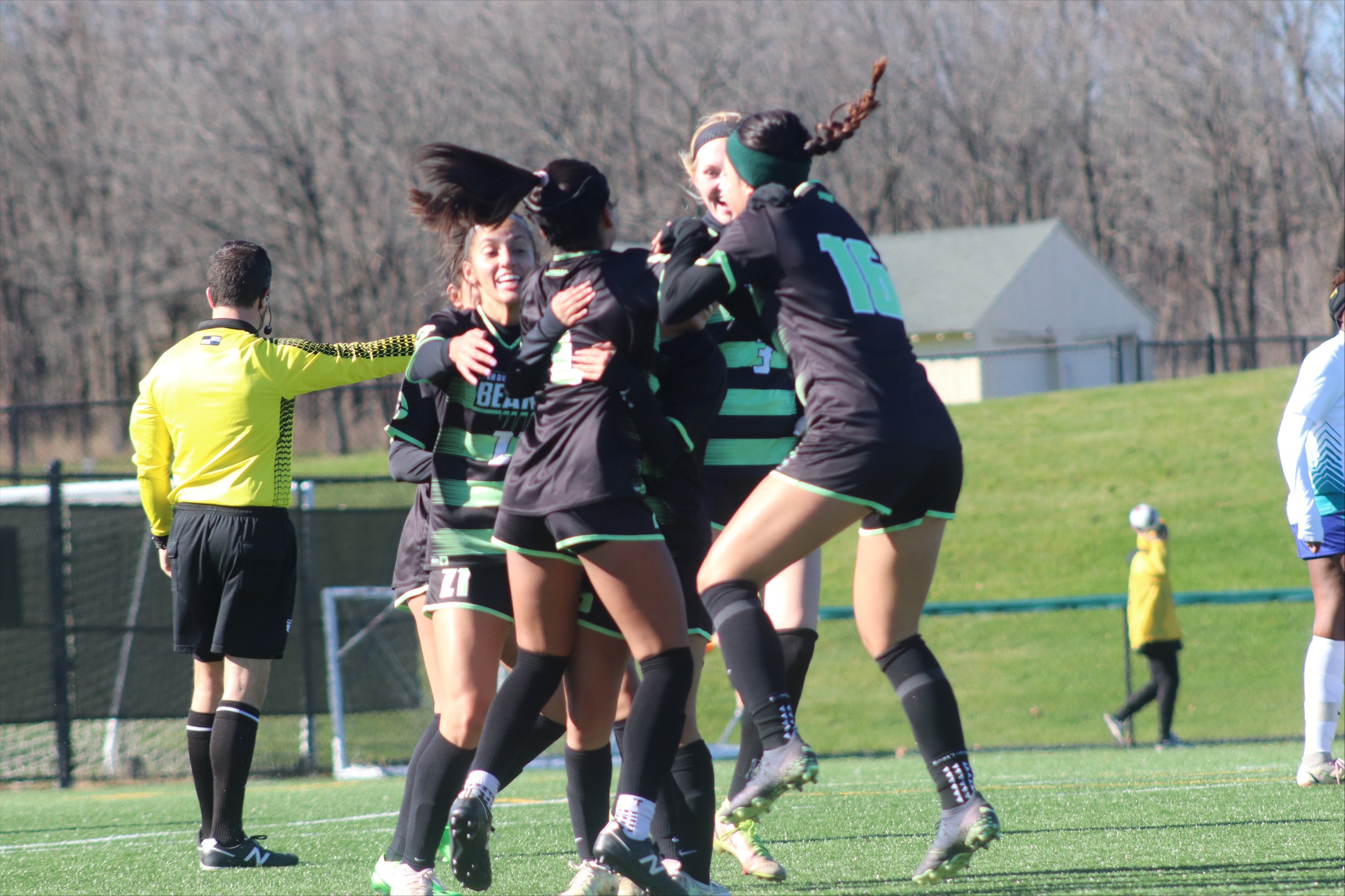 Dallas College Brookhaven women's soccer celebrates in a 4-0 NJCAA Division III quarterfinal win over Anne Arundel Community College Wednesday. 